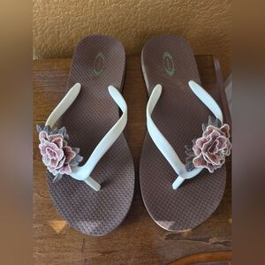 Floral Embellished Flip Flops - White and Brown